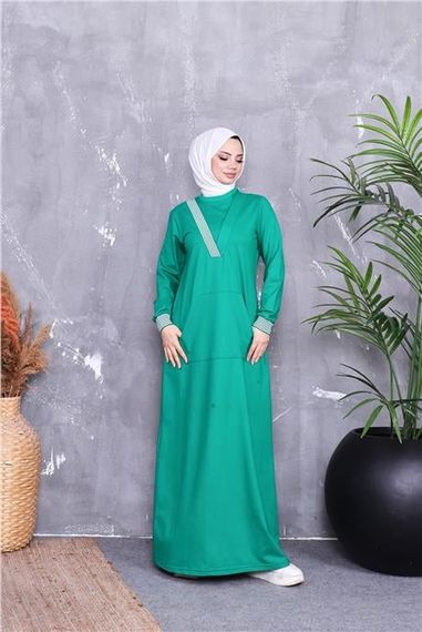V Yaka Şerit Desenli Cepli Uzun Tesettür Elbise - 71188.111 - Benetton Yeşil - photo 4