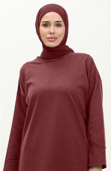 بلوزة وتحتها بنطال مريحة واسعة بياقة دائرية مزخرفة، مجموعة رياضية بسيطة، لون bordo، مقاسات 38-46 - صورة 5