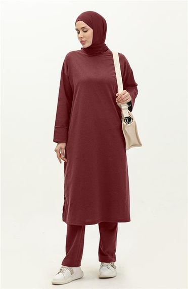 بلوزة وتحتها بنطال مريحة واسعة بياقة دائرية مزخرفة، مجموعة رياضية بسيطة، لون bordo، مقاسات 38-46 - صورة 4