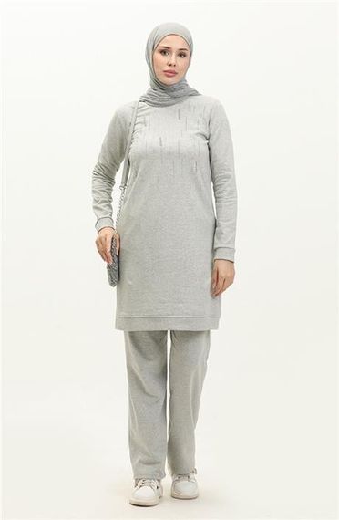 Taşlı Çizgi Desenli Bisiklet Yaka Uzun Tunik Sade Basic Eşofman Spor Takımı - 03048.008 - Gri - fotoğraf 1