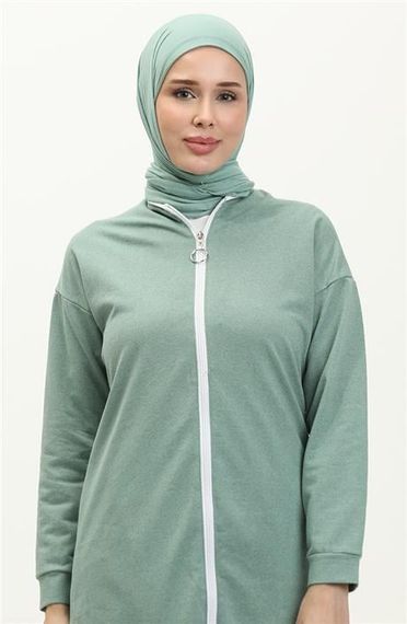 Bisiklet Yaka Fermuarlı Uzun Tunik Sade Basic Spor Takımı - 03044.100 - Çağla Yeşili - fotoğraf 3