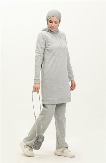 Taşlı Çizgi Desenli Bisiklet Yaka Uzun Tunik Sade Basic Eşofman Spor Takımı - 03048.008 - Gri - fotoğraf 2