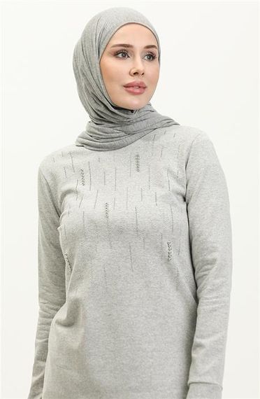 Taşlı Çizgi Desenli Bisiklet Yaka Uzun Tunik Sade Basic Eşofman Spor Takımı - 03048.008 - Gri - fotoğraf 3