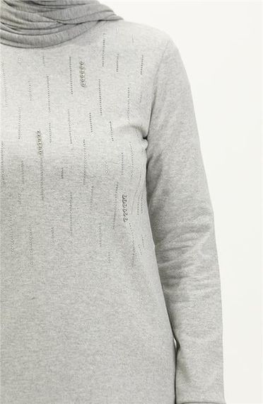 Taşlı Çizgi Desenli Bisiklet Yaka Uzun Tunik Sade Basic Eşofman Spor Takımı - 03048.008 - Gri - fotoğraf 4