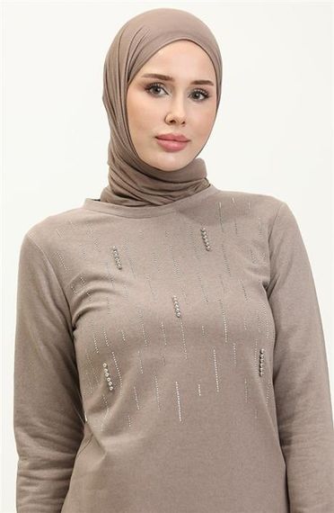 Спортивний комплект з довгим туніком з малюнком смужки з камінням, кольору візон, розміри 38-46 - фото 3