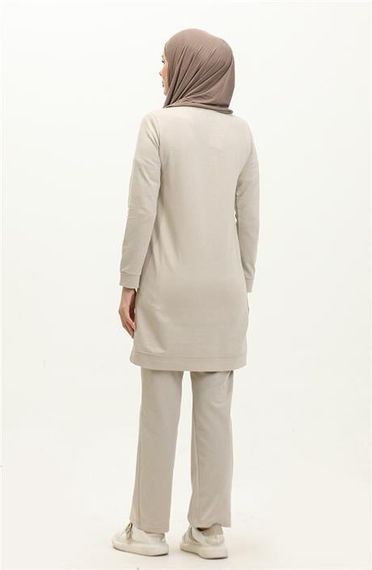 Taşlı Çizgi Desenli Bisiklet Yaka Uzun Tunik Sade Basic Eşofman Spor Takımı - 03048.027 - Ekru - photo 5