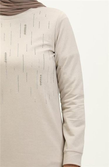 Taşlı Çizgi Desenli Bisiklet Yaka Uzun Tunik Sade Basic Eşofman Spor Takımı - 03048.027 - Ekru - photo 4