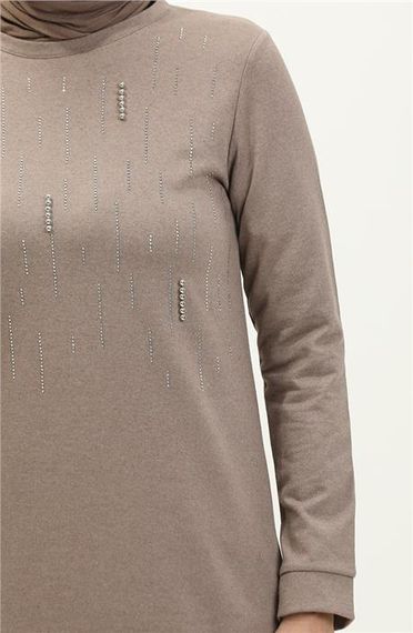 Спортивний комплект з довгим туніком з малюнком смужки з камінням, кольору візон, розміри 38-46 - фото 4