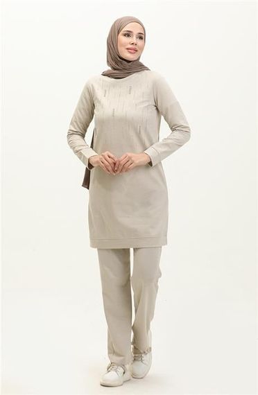 Taşlı Çizgi Desenli Bisiklet Yaka Uzun Tunik Sade Basic Eşofman Spor Takımı - 03048.027 - Ekru - photo 2