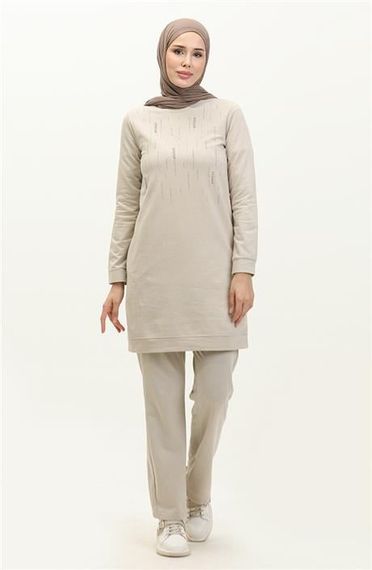 Taşlı Çizgi Desenli Bisiklet Yaka Uzun Tunik Sade Basic Eşofman Spor Takımı - 03048.027 - Ekru - photo 1