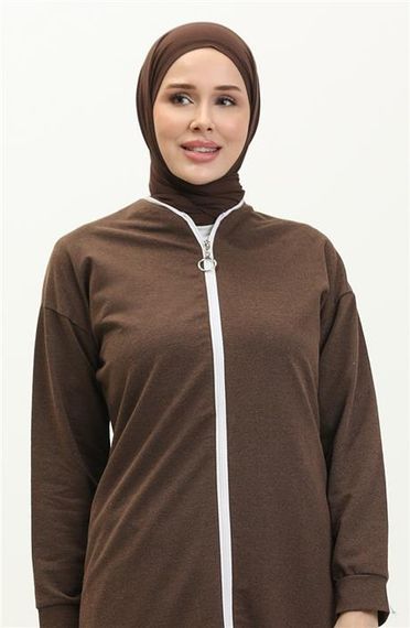 Bisiklet Yaka Fermuarlı Uzun Tunik Sade Basic Spor Takımı - 03044.028 - Kahverengi - fotoğraf 3