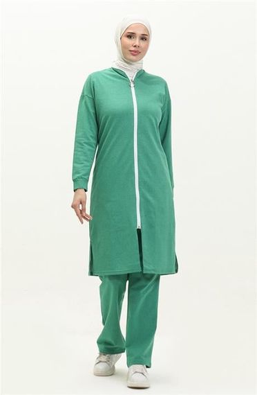 Bisiklet Yaka Fermuarlı Uzun Tunik Sade Basic Spor Takımı - 03044.111 - Benetton Yeşil - photo 1