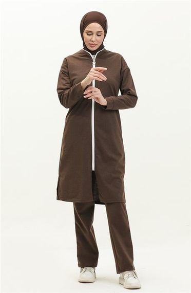 Bisiklet Yaka Fermuarlı Uzun Tunik Sade Basic Spor Takımı - 03044.028 - Kahverengi - fotoğraf 1