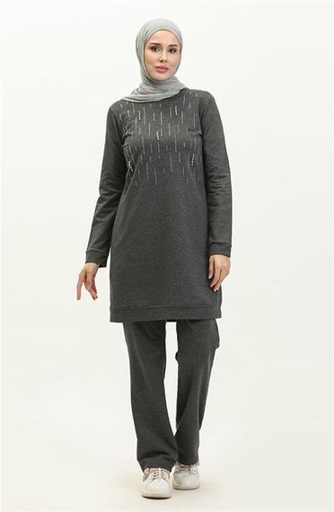 Taşlı Çizgi Desenli Bisiklet Yaka Uzun Tunik Sade Basic Eşofman Spor Takımı - 03048.017 - Antrasit - fotoğraf 1