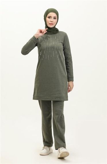 Taşlı Çizgi Desenli Bisiklet Yaka Uzun Tunik Sade Basic Eşofman Spor Takımı - 03048.005 - Haki - fotoğraf 2