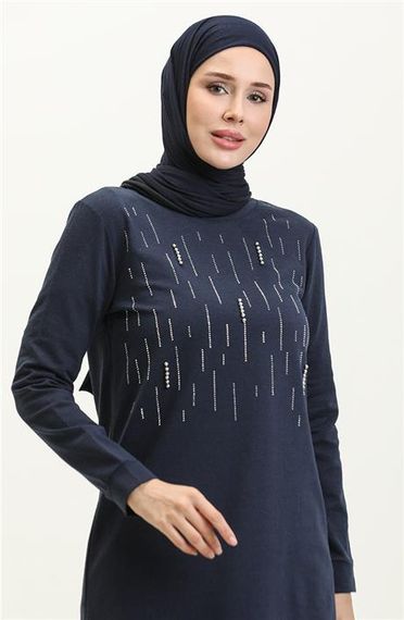 Taşlı Çizgi Desenli Bisiklet Yaka Uzun Tunik Sade Basic Eşofman Spor Takımı - 03048.015 - Lacivert - photo 3