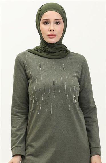 Taşlı Çizgi Desenli Bisiklet Yaka Uzun Tunik Sade Basic Eşofman Spor Takımı - 03048.005 - Haki - fotoğraf 3