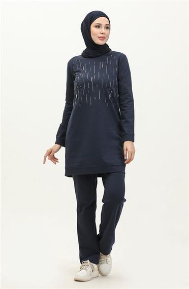 Taşlı Çizgi Desenli Bisiklet Yaka Uzun Tunik Sade Basic Eşofman Spor Takımı - 03048.015 - Lacivert - photo 2