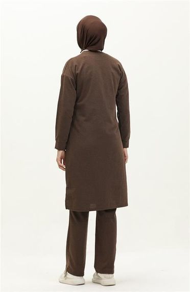 Bisiklet Yaka Fermuarlı Uzun Tunik Sade Basic Spor Takımı - 03044.028 - Kahverengi - fotoğraf 5