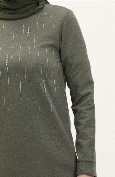 Taşlı Çizgi Desenli Bisiklet Yaka Uzun Tunik Sade Basic Eşofman Spor Takımı - 03048.005 - Haki - fotoğraf 4