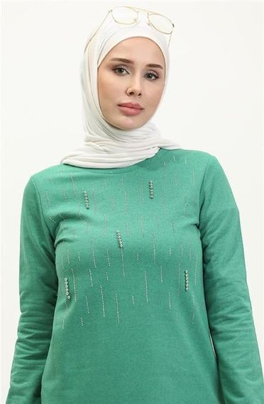 Taşlı Çizgi Desenli Bisiklet Yaka Uzun Tunik Sade Basic Eşofman Spor Takımı - 03048.111 - Benetton Yeşil - photo 3