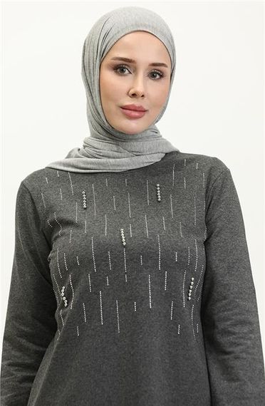 Taşlı Çizgi Desenli Bisiklet Yaka Uzun Tunik Sade Basic Eşofman Spor Takımı - 03048.017 - Antrasit - fotoğraf 3