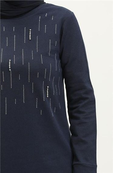 Taşlı Çizgi Desenli Bisiklet Yaka Uzun Tunik Sade Basic Eşofman Spor Takımı - 03048.015 - Lacivert - photo 4