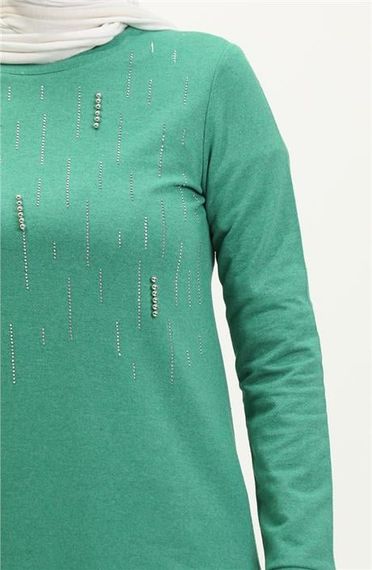 Taşlı Çizgi Desenli Bisiklet Yaka Uzun Tunik Sade Basic Eşofman Spor Takımı - 03048.111 - Benetton Yeşil - photo 4