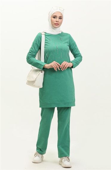 Taşlı Çizgi Desenli Bisiklet Yaka Uzun Tunik Sade Basic Eşofman Spor Takımı - 03048.111 - Benetton Yeşil - photo 1