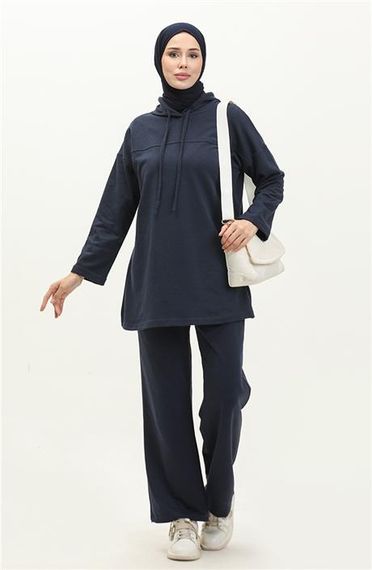Kapşonlu Sweat Eşofman Sade Basic Spor Takım - 03056.015 - Lacivert - photo 1