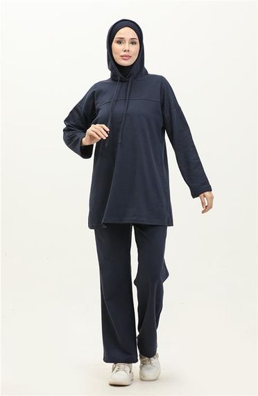 Kapşonlu Sweat Eşofman Sade Basic Spor Takım - 03056.015 - Lacivert - photo 2