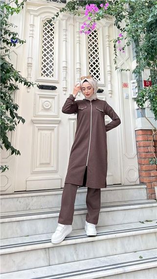 Fermuarlı Uzun Tunik Pantolon Spor İkili Takım - 03058.028 - Kahverengi - fotoğraf 2