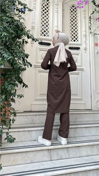 Fermuarlı Uzun Tunik Pantolon Spor İkili Takım - 03058.028 - Kahverengi - fotoğraf 4