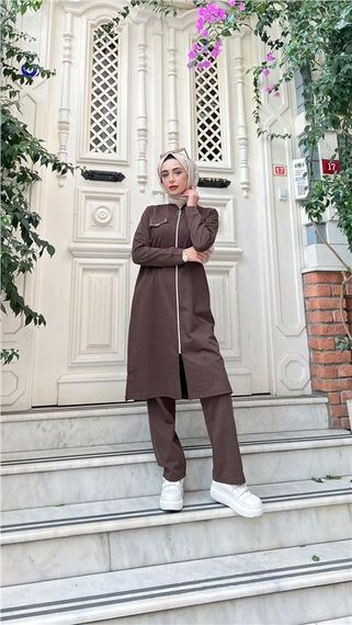 Fermuarlı Uzun Tunik Pantolon Spor İkili Takım - 03058.028 - Kahverengi - fotoğraf 1