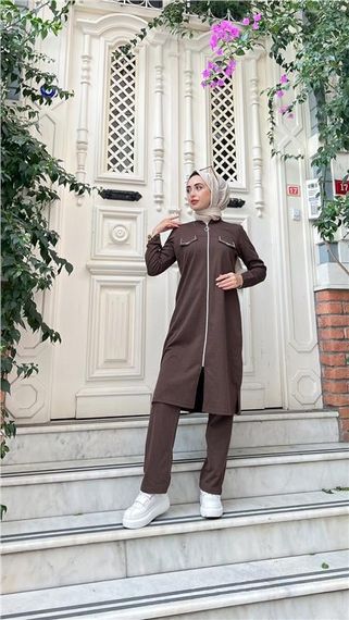 Fermuarlı Uzun Tunik Pantolon Spor İkili Takım - 03058.028 - Kahverengi - fotoğraf 3