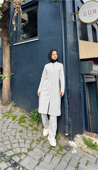 Fermuarlı Uzun Tunik Pantolon Spor İkili Takım - 03058.008 - Gri - fotoğraf 2