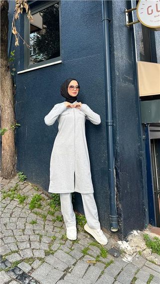 Fermuarlı Uzun Tunik Pantolon Spor İkili Takım - 03058.008 - Gri - fotoğraf 5