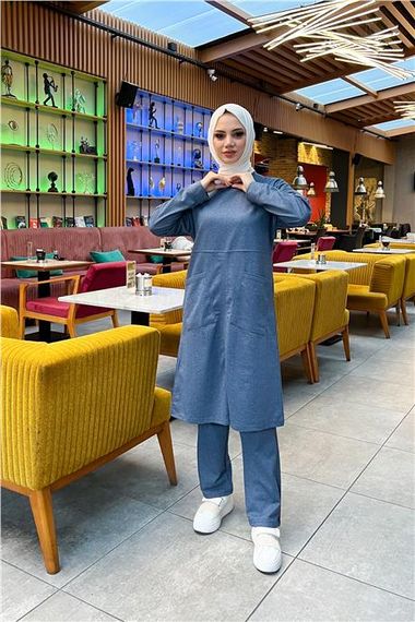 Синий спортивный комплект: удлиненная туника с двумя карманами и брюками, размеры 38-46 - фото 3