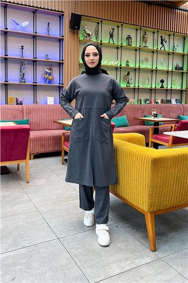 Önden İki Cepli Sade Basic Uzun Tunik Pantolon İkili Spor Takımı - 03067.017 - Antrasit - photo 1
