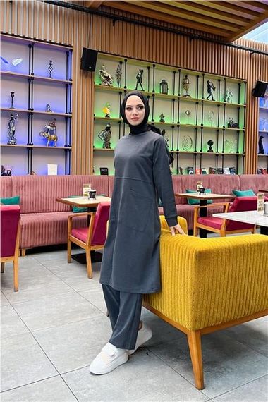 Önden İki Cepli Sade Basic Uzun Tunik Pantolon İkili Spor Takımı - 03067.017 - Antrasit - photo 5