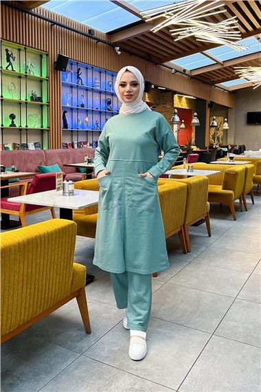 Önden İki Cepli Sade Basic Uzun Tunik Pantolon İkili Spor Takımı - 03067.100 - Çağla Yeşili - photo 1
