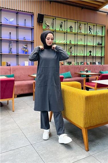 Önden İki Cepli Sade Basic Uzun Tunik Pantolon İkili Spor Takımı - 03067.017 - Antrasit - photo 2