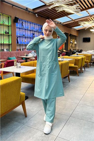 Önden İki Cepli Sade Basic Uzun Tunik Pantolon İkili Spor Takımı - 03067.100 - Çağla Yeşili - photo 5