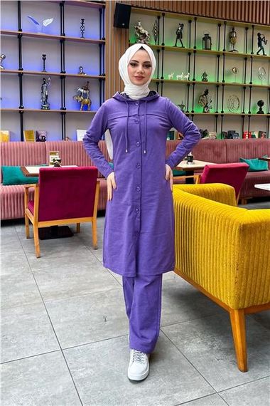 Kapşonlu Düğmeli Sade Basic Uzun Tunik ve Pantolon İkili Spor Takım - 03072.207 - Koyu Lila - photo 3