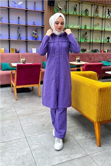 Kapşonlu Düğmeli Sade Basic Uzun Tunik ve Pantolon İkili Spor Takım - 03072.207 - Koyu Lila - photo 2