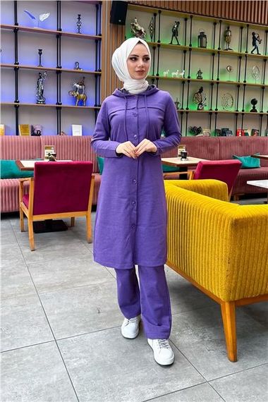 Kapşonlu Düğmeli Sade Basic Uzun Tunik ve Pantolon İkili Spor Takım - 03072.207 - Koyu Lila - photo 1