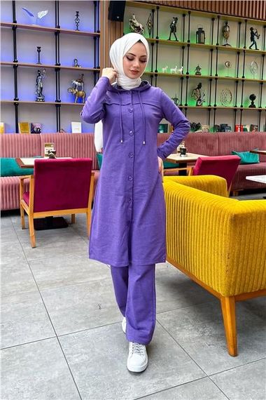 Kapşonlu Düğmeli Sade Basic Uzun Tunik ve Pantolon İkili Spor Takım - 03072.207 - Koyu Lila - photo 5