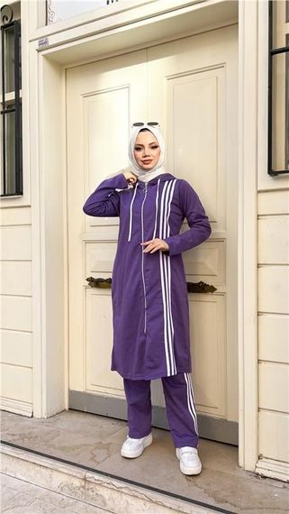 Двоколірний комплект з капюшоном, довга туніка та штани, темно-фіолетовий, розміри 40-48 - фото 1