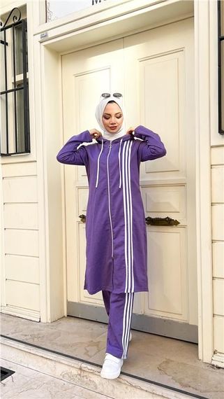 Двоколірний комплект з капюшоном, довга туніка та штани, темно-фіолетовий, розміри 40-48 - фото 2