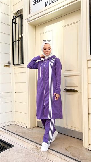 Двоколірний комплект з капюшоном, довга туніка та штани, темно-фіолетовий, розміри 40-48 - фото 3